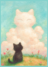 療癒插畫生活-小黑貓與白雲朋友1H 粉藍綠色