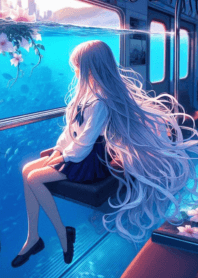 Girl sitting on a train anime sea