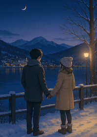 Winter Moon Over Quiet Village