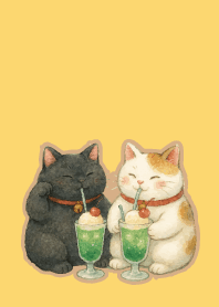 W & B Beckoning Cats on lightyellow