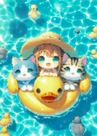 Girl and Cats on Duck Boat