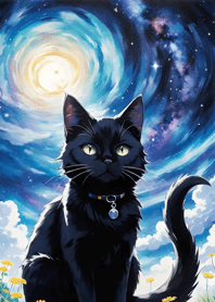 夜の月と星の猫 E26430