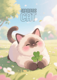 Kawaii siamese cat And Clover Leaf