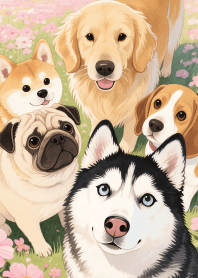 Kawaii Dog Gang in Pink flower field