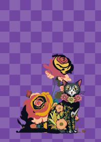 flower cat and flowers on purple