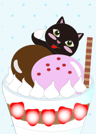 The cute black cat loves ice cream