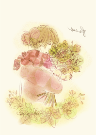 花束と女の子#水彩タッチ