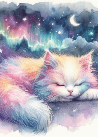 虹色の夢の中の子猫