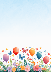 Sky, balloons, flowers and butterflies