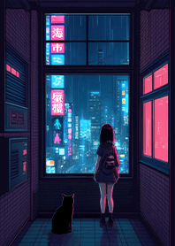 霓虹城市少女與貓-海市蜃樓 護眼深黑色