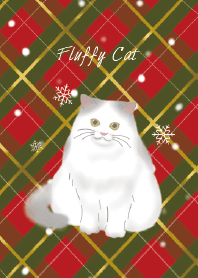 Fluffy cat, tartan, Christmas, snow,