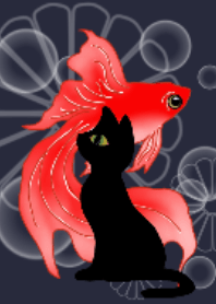 和風。猫と金魚