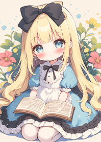 Alice reading a fairy-tale in the garden