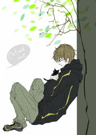 Brown haired boy who met a cat