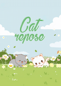 cat couple on the grass and flower