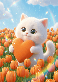 A white cat and orange tulips.