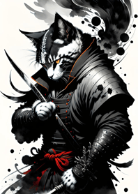 Ink wash cat samurai 06079C