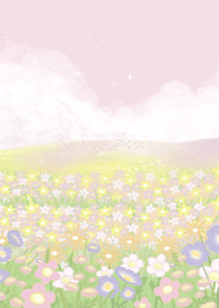 ทุ่งดอกไม้กับท้องฟ้าสีชมพู