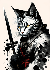 Ink wash cat samurai F85821
