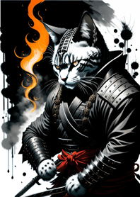 Ink wash cat samurai f6bC25