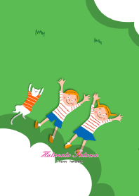 男の子と女の子と猫と芝生