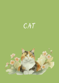 Calico cat on moss green