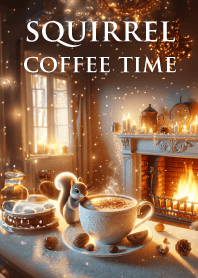 冬の暖炉とリスのコーヒータイム