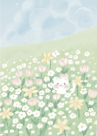 Happy cat in flower field (Blue)