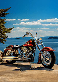 晴天の輝く海×アメリカンバイク(赤系)