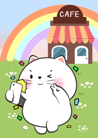 Cute White Cat In Cafe Theme