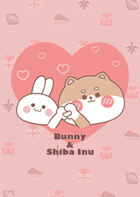可愛寶貝柴犬與兔兔的愛心/粉紅色