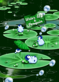 water lily with penguin2 (rain, pond )