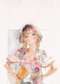 綠色 花朵上衣的微笑少女