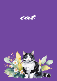 plants and Tuxedo cat on purple
