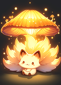 Nine-tailed fox under a golden mushroom