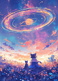 A cat looking at cosmic planets