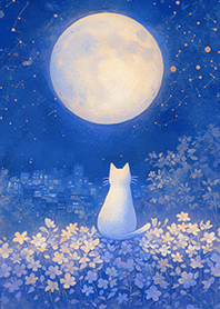 ⭐藍夜滿月下的花海白貓❤️