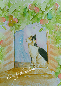 窓の猫（水彩画）