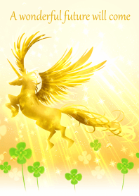 Golden unicorn and clover rising fortune