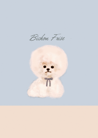 ベージュ×くすみブルー×ビションフリーゼ