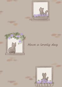 Cat and flower by the window -purple- 2