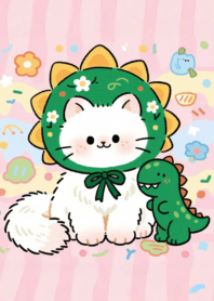 Cute white cat and green dinosaur 1_59