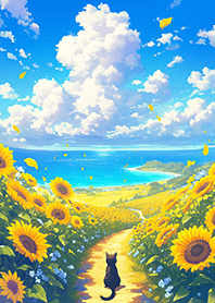 Sunlit sunflowers and a cat!