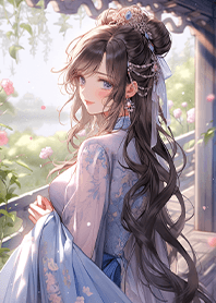 在花園涼亭裡的古裝美女