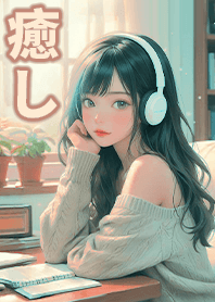 文藝生活-聽著音樂讀書的女孩6.1粉藍綠色