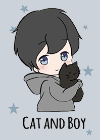 ベージュ&ブルー / ネコと男の子