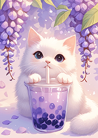 紫花下悠閒小貓喝珍珠奶茶❤️