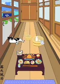 日本シリーズ6-古民家の廊下の猫-露天風呂