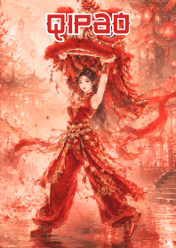 Qipao Girl Red Gold Lion Dance