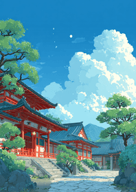 紫色 藍天下的夏日神社